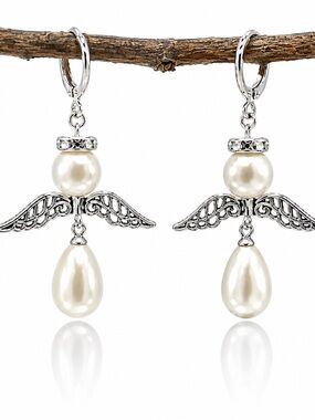 Silver Angel Wing Faux Pearl Earrings, Romantic Celestial Dangles
